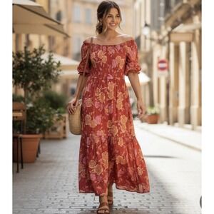 Zesica Dress Womens Size XL Orange Pink Floral Smocked Ruffle Beach‎ Boho New